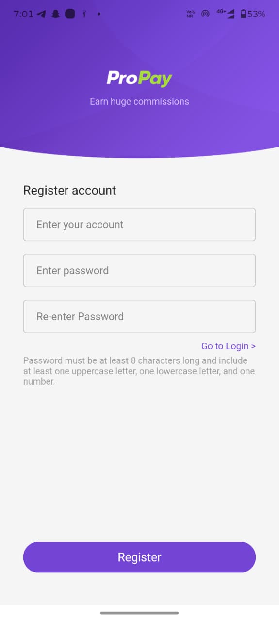 ProPay registration screen